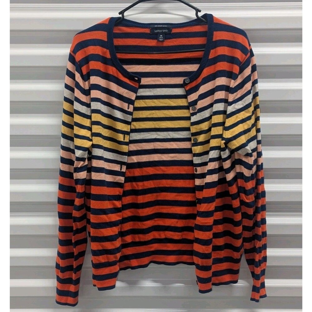Coastal Preppy Lands' End Supima Cotton Striped Cardigan Sweater Women's M
